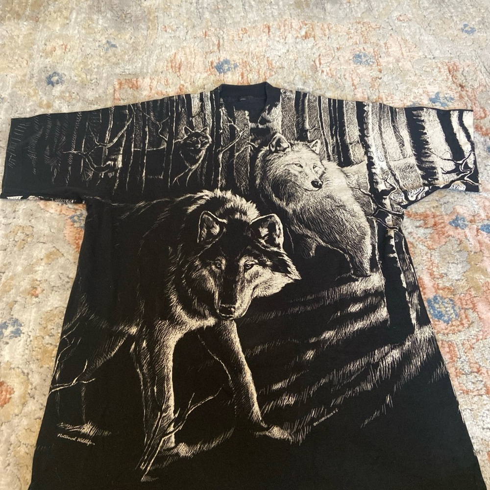 Vintage 90s Wolves All Over Print AOP T-Shirt M 1992 Harlequin Outdoor Black